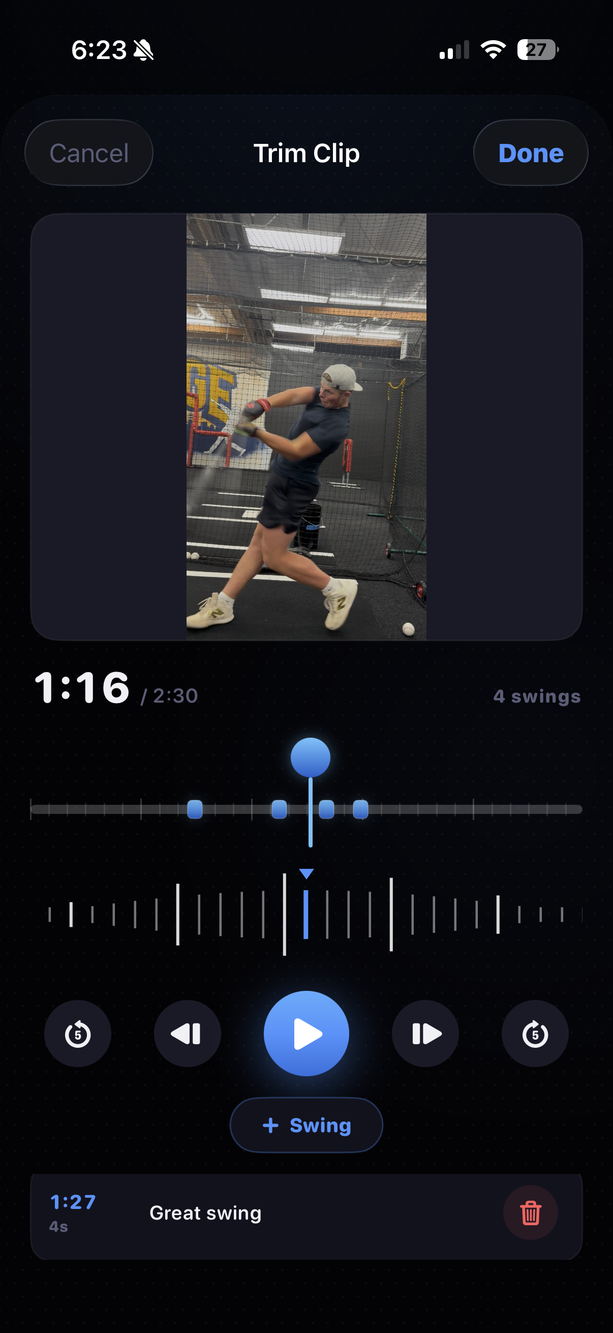 Reflex video editor — clipping a single swing out of a long session video